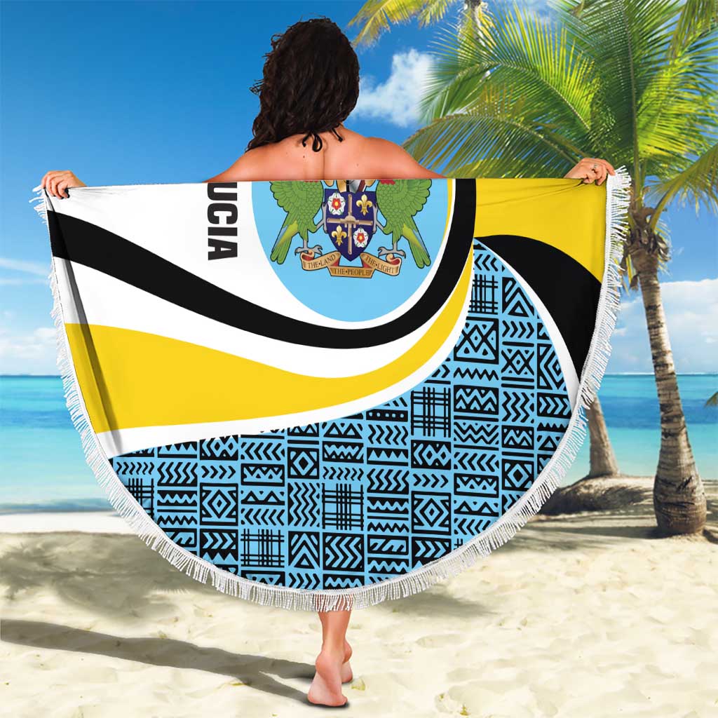 Saint Lucia Modern Tribal Crest Design Beach Blanket with Flag Colors and Bold Text Layout - Wonder Print Shop