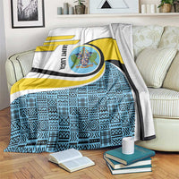 Saint Lucia Modern Tribal Crest Design Blanket with Flag Colors and Bold Text Layout - Wonder Print Shop
