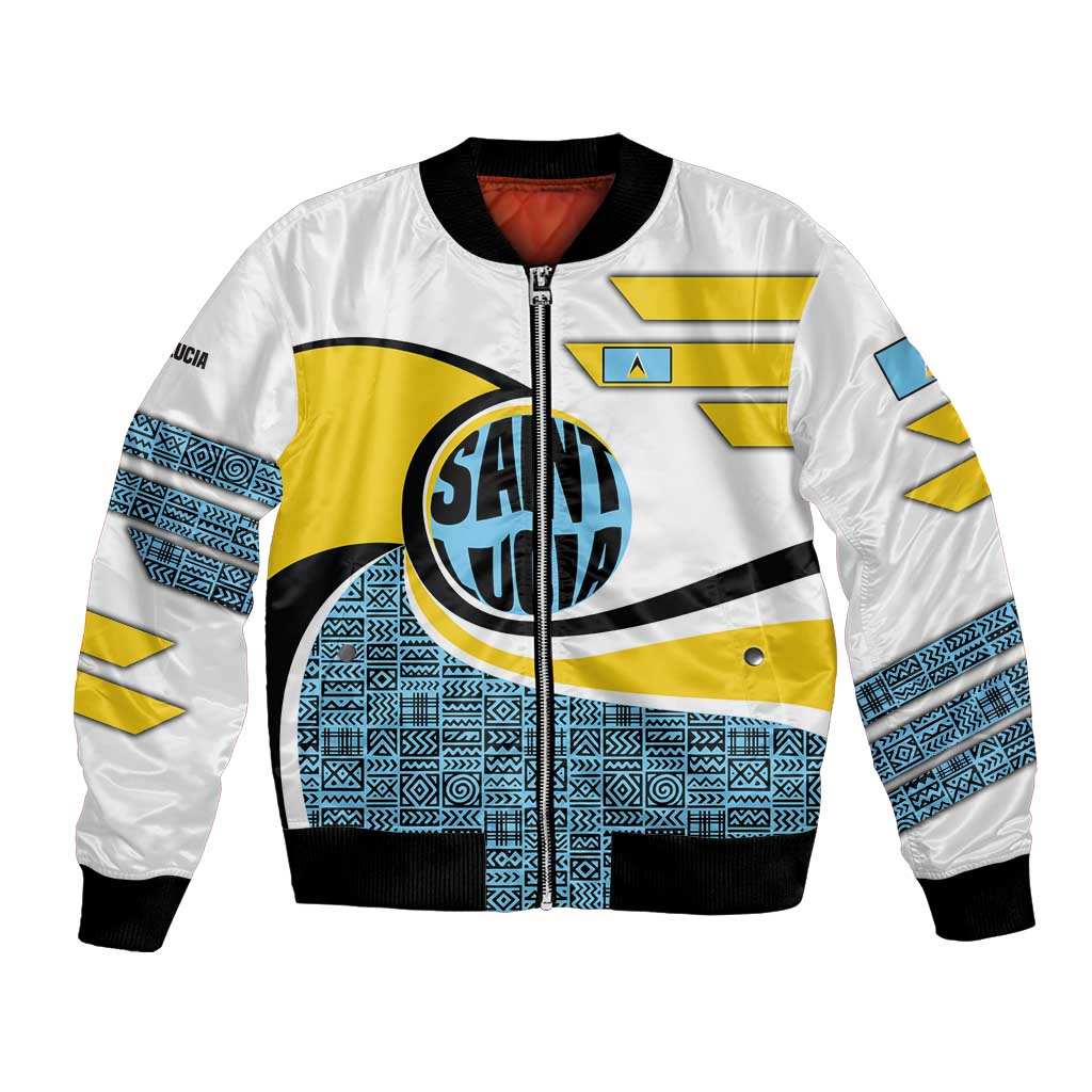 Saint Lucia Modern Tribal Crest Design Bomber Jacket with Flag Colors and Bold Text Layout - Wonder Print Shop