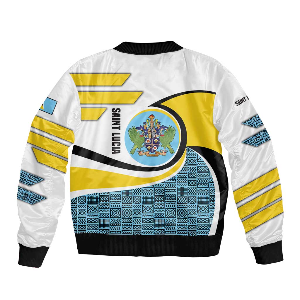 Saint Lucia Modern Tribal Crest Design Bomber Jacket with Flag Colors and Bold Text Layout - Wonder Print Shop