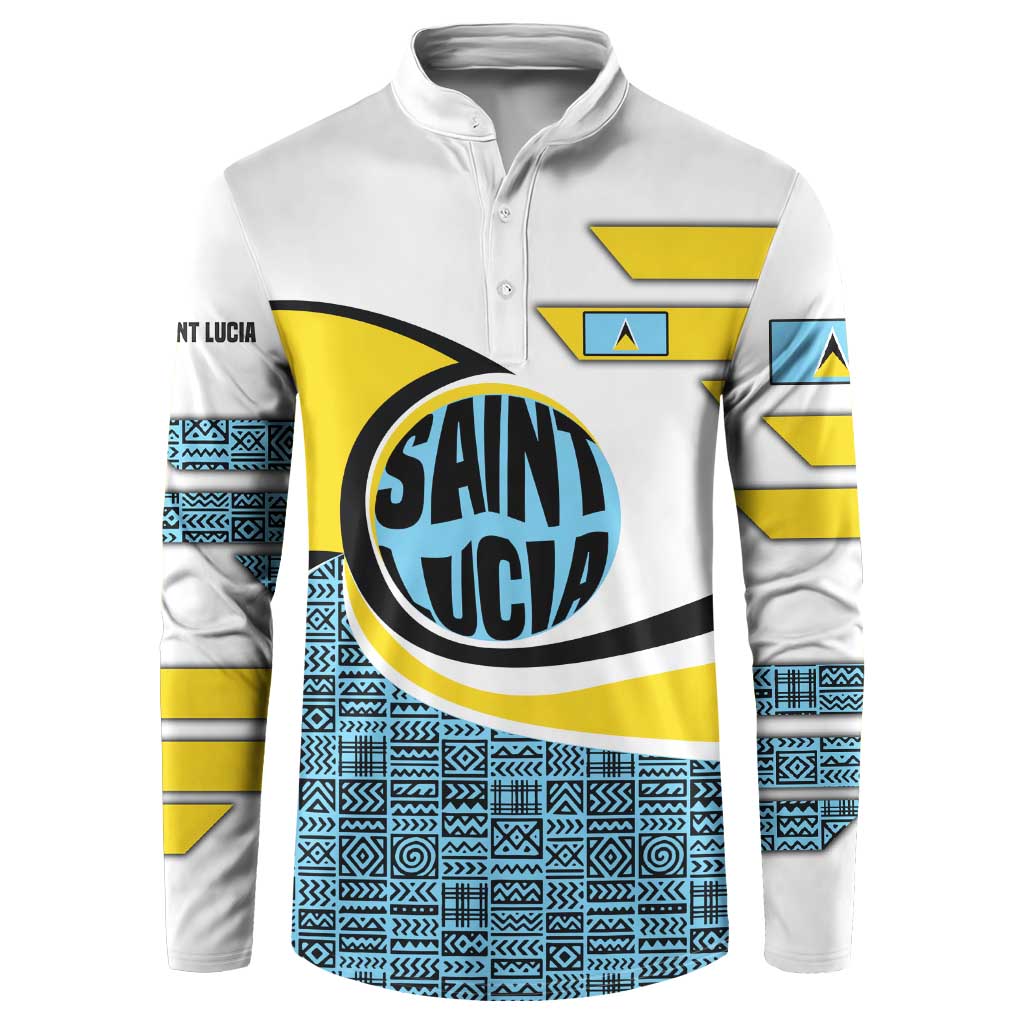 Saint Lucia Modern Tribal Crest Design Button Sweatshirt with Flag Colors and Bold Text Layout - Wonder Print Shop