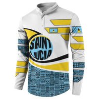 Saint Lucia Modern Tribal Crest Design Button Sweatshirt with Flag Colors and Bold Text Layout - Wonder Print Shop