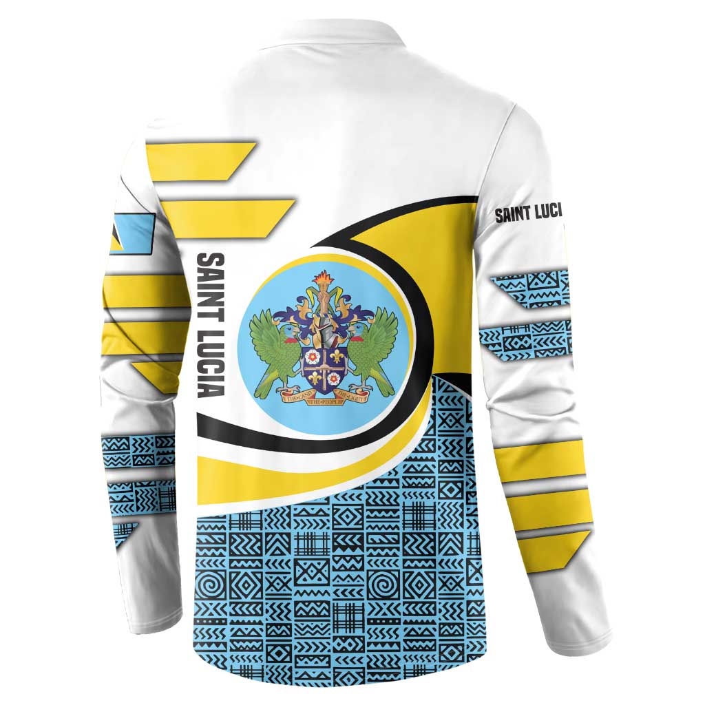 Saint Lucia Modern Tribal Crest Design Button Sweatshirt with Flag Colors and Bold Text Layout - Wonder Print Shop