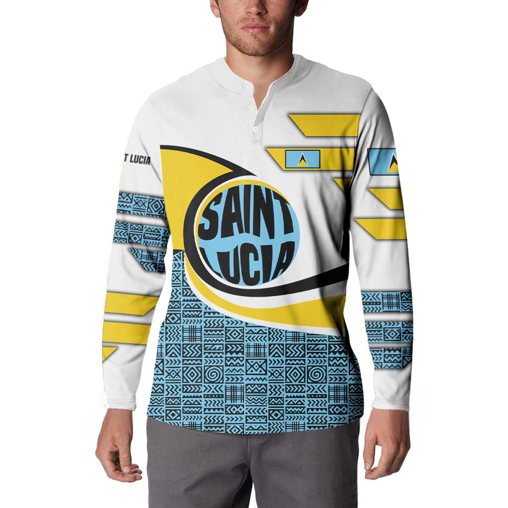 Saint Lucia Modern Tribal Crest Design Button Sweatshirt with Flag Colors and Bold Text Layout - Wonder Print Shop