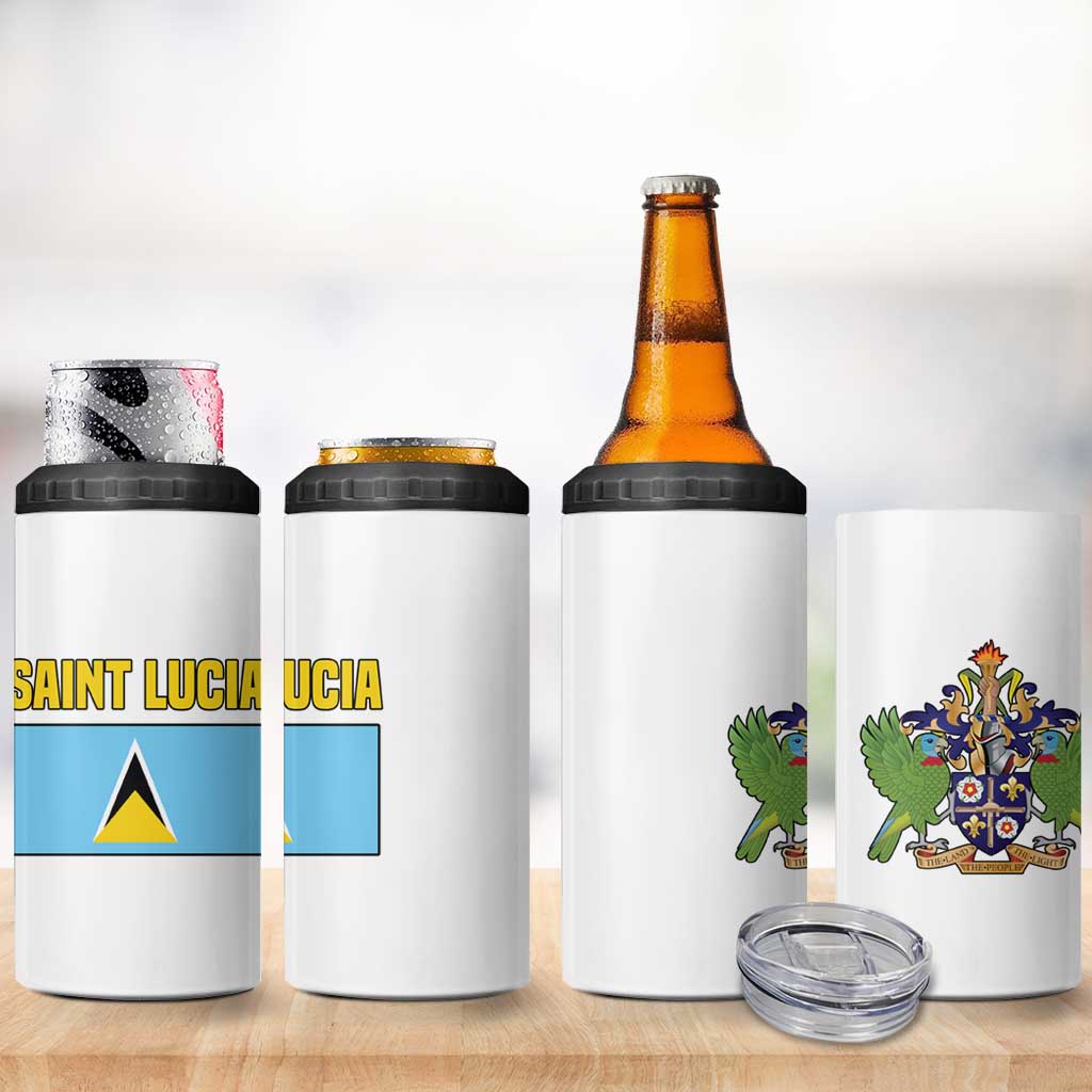 Saint Lucia Modern Tribal Crest Design 4 in 1 Can Cooler Tumbler with Flag Colors and Bold Text Layout - Wonder Print Shop