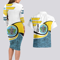 Saint Lucia Modern Tribal Crest Design Couples Matching Long Sleeve Bodycon Dress and Hawaiian Shirt with Flag Colors and Bold Text Layout - Wonder Print Shop