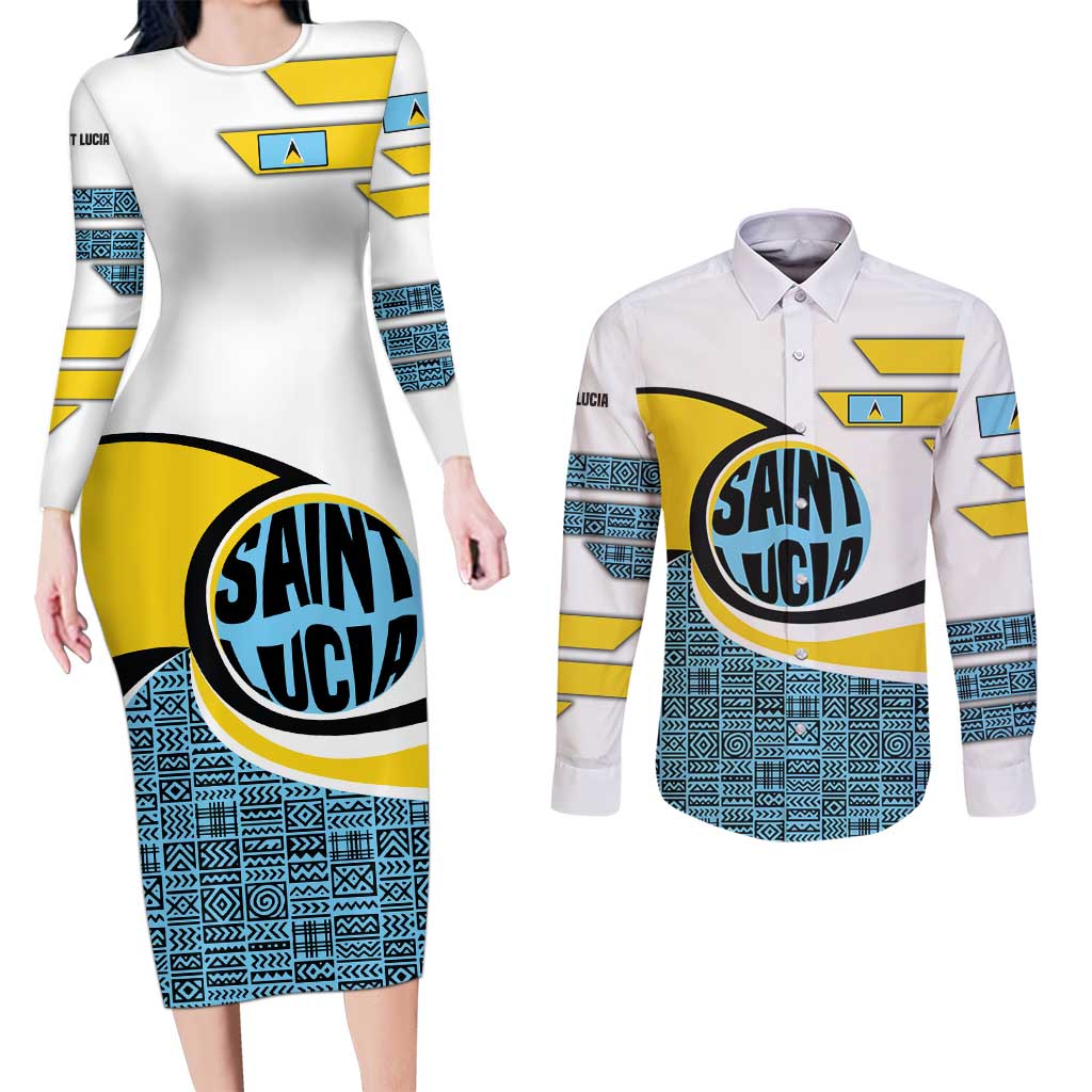Saint Lucia Modern Tribal Crest Design Couples Matching Long Sleeve Bodycon Dress and Long Sleeve Button Shirt with Flag Colors and Bold Text Layout - Wonder Print Shop