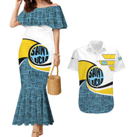 Saint Lucia Modern Tribal Crest Design Couples Matching Mermaid Dress and Hawaiian Shirt with Flag Colors and Bold Text Layout - Wonder Print Shop
