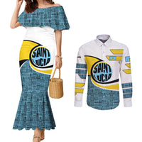 Saint Lucia Modern Tribal Crest Design Couples Matching Mermaid Dress and Long Sleeve Button Shirt with Flag Colors and Bold Text Layout - Wonder Print Shop