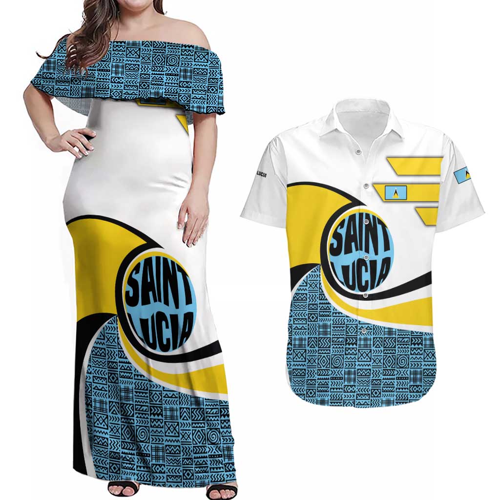 Saint Lucia Modern Tribal Crest Design Couples Matching Off Shoulder Maxi Dress and Hawaiian Shirt with Flag Colors and Bold Text Layout - Wonder Print Shop