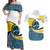 Saint Lucia Modern Tribal Crest Design Couples Matching Off Shoulder Maxi Dress and Hawaiian Shirt with Flag Colors and Bold Text Layout - Wonder Print Shop