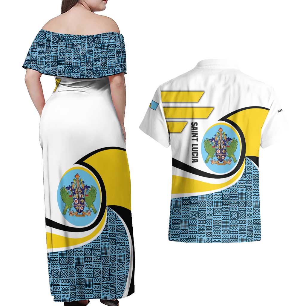 Saint Lucia Modern Tribal Crest Design Couples Matching Off Shoulder Maxi Dress and Hawaiian Shirt with Flag Colors and Bold Text Layout - Wonder Print Shop