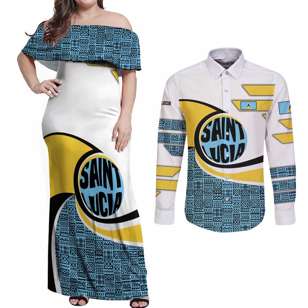 Saint Lucia Modern Tribal Crest Design Couples Matching Off Shoulder Maxi Dress and Long Sleeve Button Shirt with Flag Colors and Bold Text Layout - Wonder Print Shop