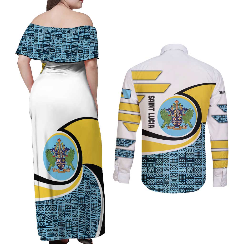 Saint Lucia Modern Tribal Crest Design Couples Matching Off Shoulder Maxi Dress and Long Sleeve Button Shirt with Flag Colors and Bold Text Layout - Wonder Print Shop