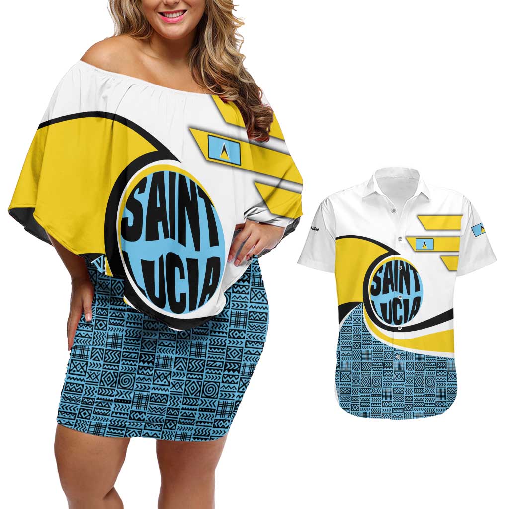 Saint Lucia Modern Tribal Crest Design Couples Matching Off Shoulder Short Dress and Hawaiian Shirt with Flag Colors and Bold Text Layout - Wonder Print Shop