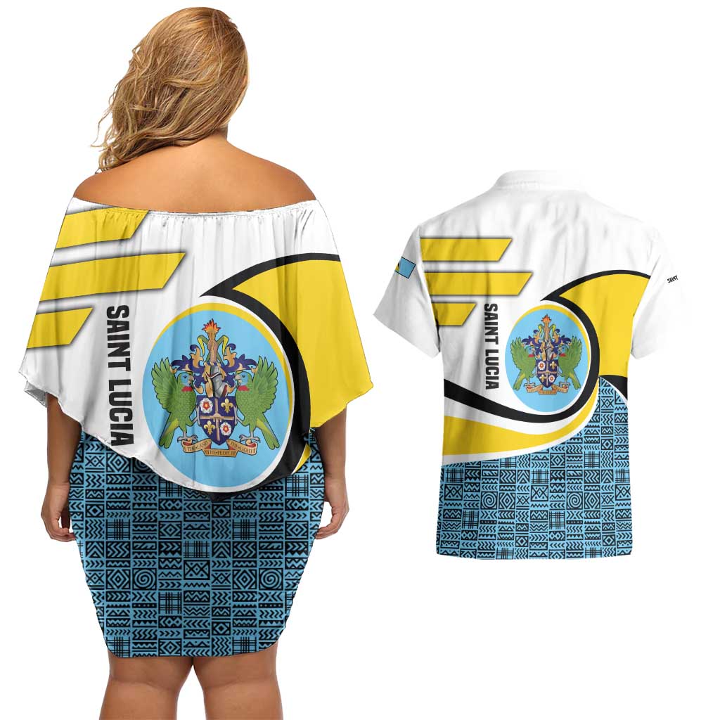 Saint Lucia Modern Tribal Crest Design Couples Matching Off Shoulder Short Dress and Hawaiian Shirt with Flag Colors and Bold Text Layout - Wonder Print Shop