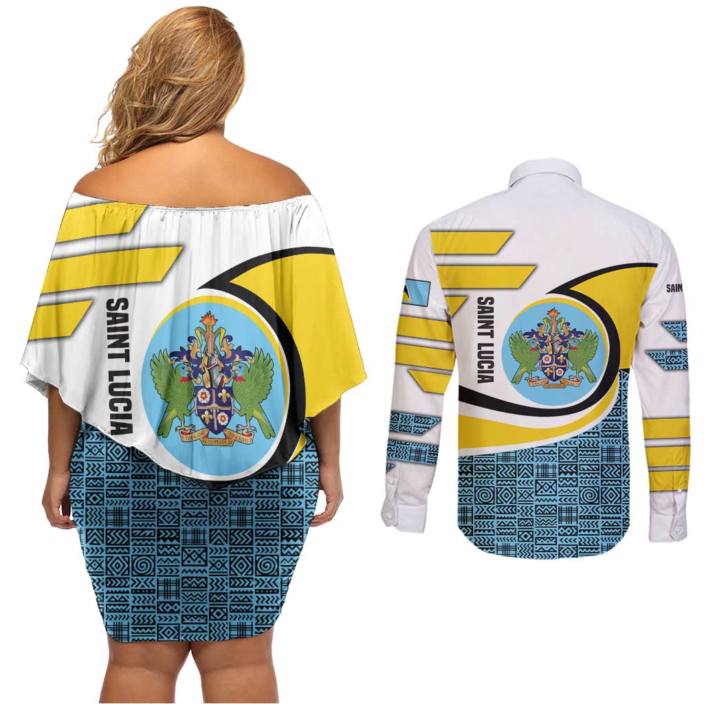 Saint Lucia Modern Tribal Crest Design Couples Matching Off Shoulder Short Dress and Long Sleeve Button Shirt with Flag Colors and Bold Text Layout - Wonder Print Shop
