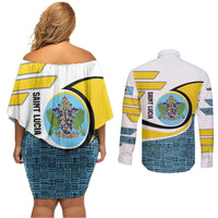 Saint Lucia Modern Tribal Crest Design Couples Matching Off Shoulder Short Dress and Long Sleeve Button Shirt with Flag Colors and Bold Text Layout - Wonder Print Shop