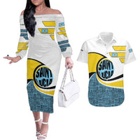Saint Lucia Modern Tribal Crest Design Couples Matching Off The Shoulder Long Sleeve Dress and Hawaiian Shirt with Flag Colors and Bold Text Layout - Wonder Print Shop