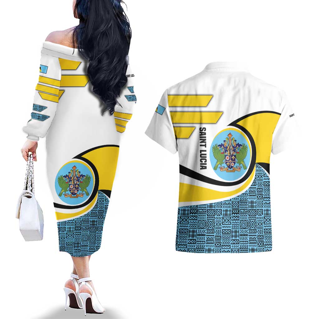 Saint Lucia Modern Tribal Crest Design Couples Matching Off The Shoulder Long Sleeve Dress and Hawaiian Shirt with Flag Colors and Bold Text Layout - Wonder Print Shop