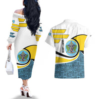 Saint Lucia Modern Tribal Crest Design Couples Matching Off The Shoulder Long Sleeve Dress and Hawaiian Shirt with Flag Colors and Bold Text Layout - Wonder Print Shop