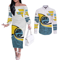 Saint Lucia Modern Tribal Crest Design Couples Matching Off The Shoulder Long Sleeve Dress and Long Sleeve Button Shirt with Flag Colors and Bold Text Layout - Wonder Print Shop