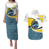 Saint Lucia Modern Tribal Crest Design Couples Matching Puletasi and Hawaiian Shirt with Flag Colors and Bold Text Layout - Wonder Print Shop