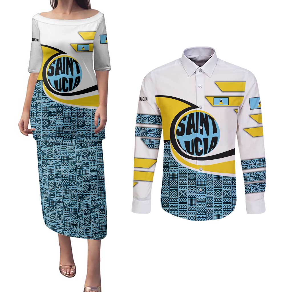 Saint Lucia Modern Tribal Crest Design Couples Matching Puletasi and Long Sleeve Button Shirt with Flag Colors and Bold Text Layout - Wonder Print Shop