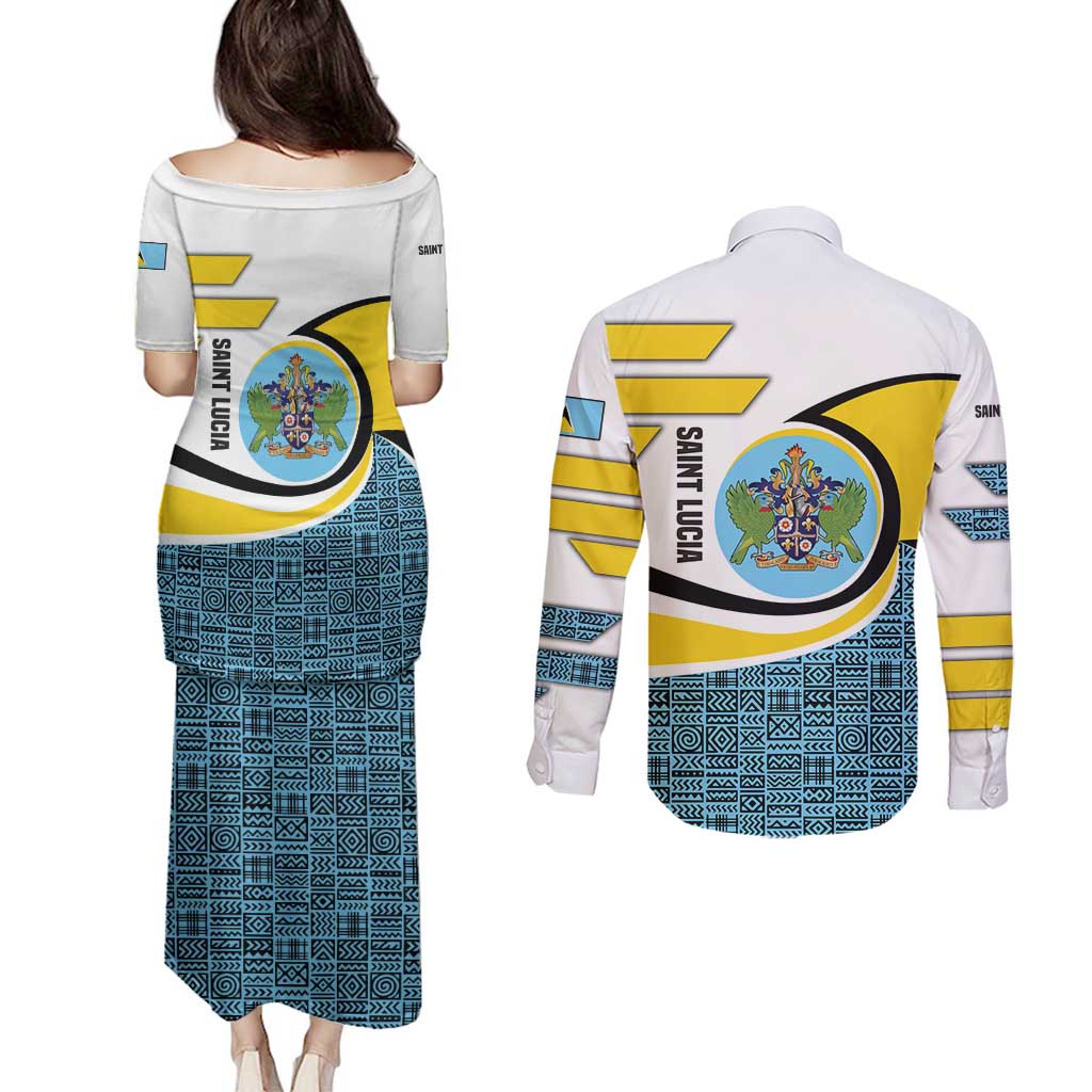 Saint Lucia Modern Tribal Crest Design Couples Matching Puletasi and Long Sleeve Button Shirt with Flag Colors and Bold Text Layout - Wonder Print Shop