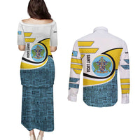 Saint Lucia Modern Tribal Crest Design Couples Matching Puletasi and Long Sleeve Button Shirt with Flag Colors and Bold Text Layout - Wonder Print Shop