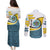 Saint Lucia Modern Tribal Crest Design Couples Matching Puletasi and Long Sleeve Button Shirt with Flag Colors and Bold Text Layout - Wonder Print Shop