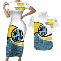 Saint Lucia Modern Tribal Crest Design Couples Matching Short Sleeve Bodycon Dress and Hawaiian Shirt with Flag Colors and Bold Text Layout - Wonder Print Shop