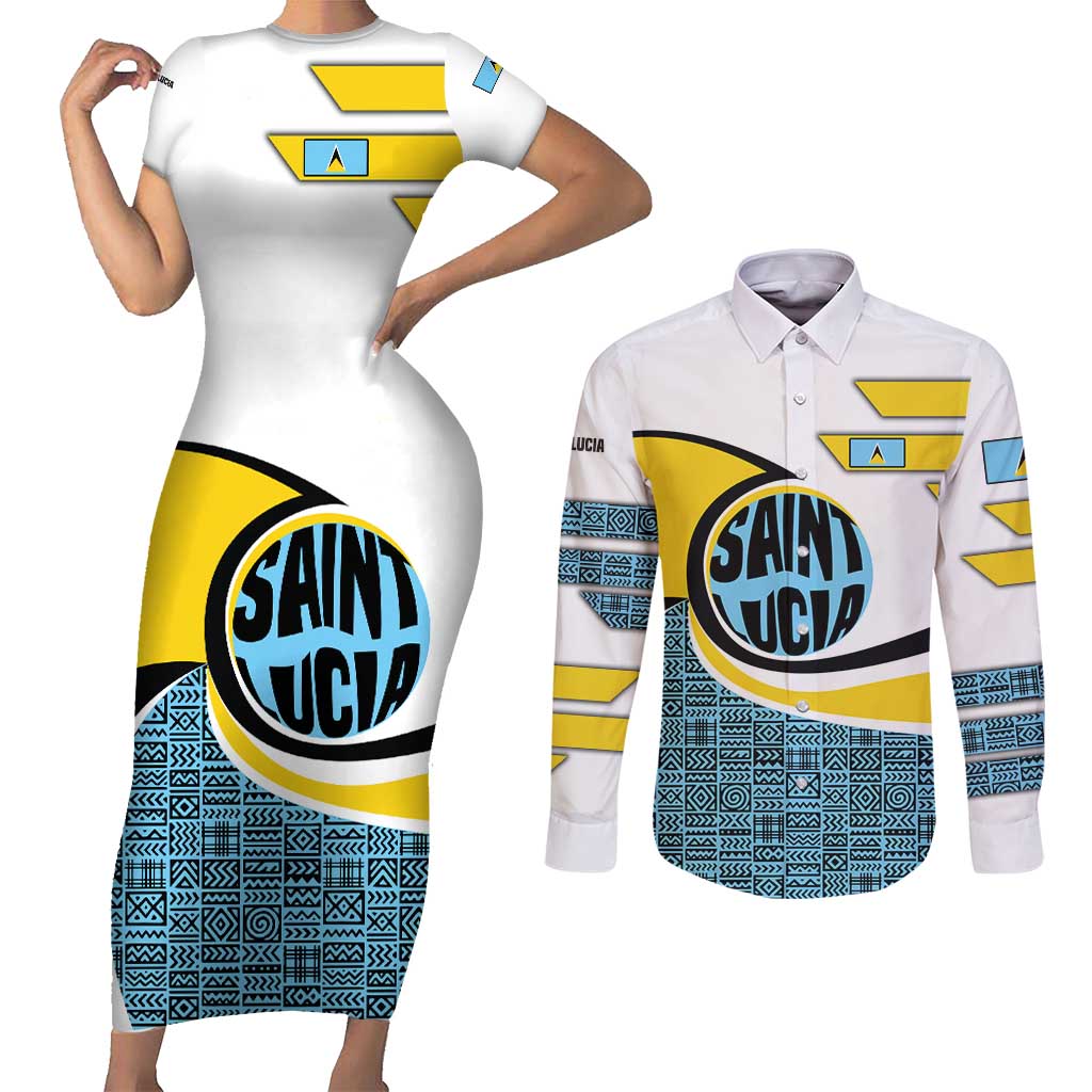 Saint Lucia Modern Tribal Crest Design Couples Matching Short Sleeve Bodycon Dress and Long Sleeve Button Shirt with Flag Colors and Bold Text Layout - Wonder Print Shop