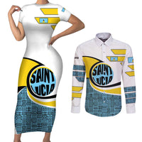 Saint Lucia Modern Tribal Crest Design Couples Matching Short Sleeve Bodycon Dress and Long Sleeve Button Shirt with Flag Colors and Bold Text Layout - Wonder Print Shop