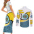 Saint Lucia Modern Tribal Crest Design Couples Matching Short Sleeve Bodycon Dress and Long Sleeve Button Shirt with Flag Colors and Bold Text Layout - Wonder Print Shop