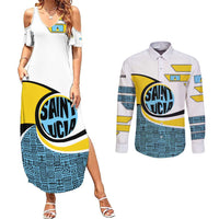 Saint Lucia Modern Tribal Crest Design Couples Matching Summer Maxi Dress and Long Sleeve Button Shirt with Flag Colors and Bold Text Layout - Wonder Print Shop