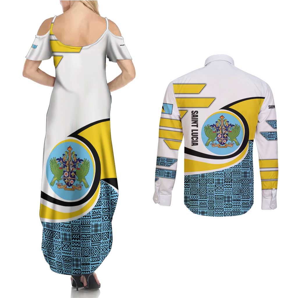 Saint Lucia Modern Tribal Crest Design Couples Matching Summer Maxi Dress and Long Sleeve Button Shirt with Flag Colors and Bold Text Layout - Wonder Print Shop
