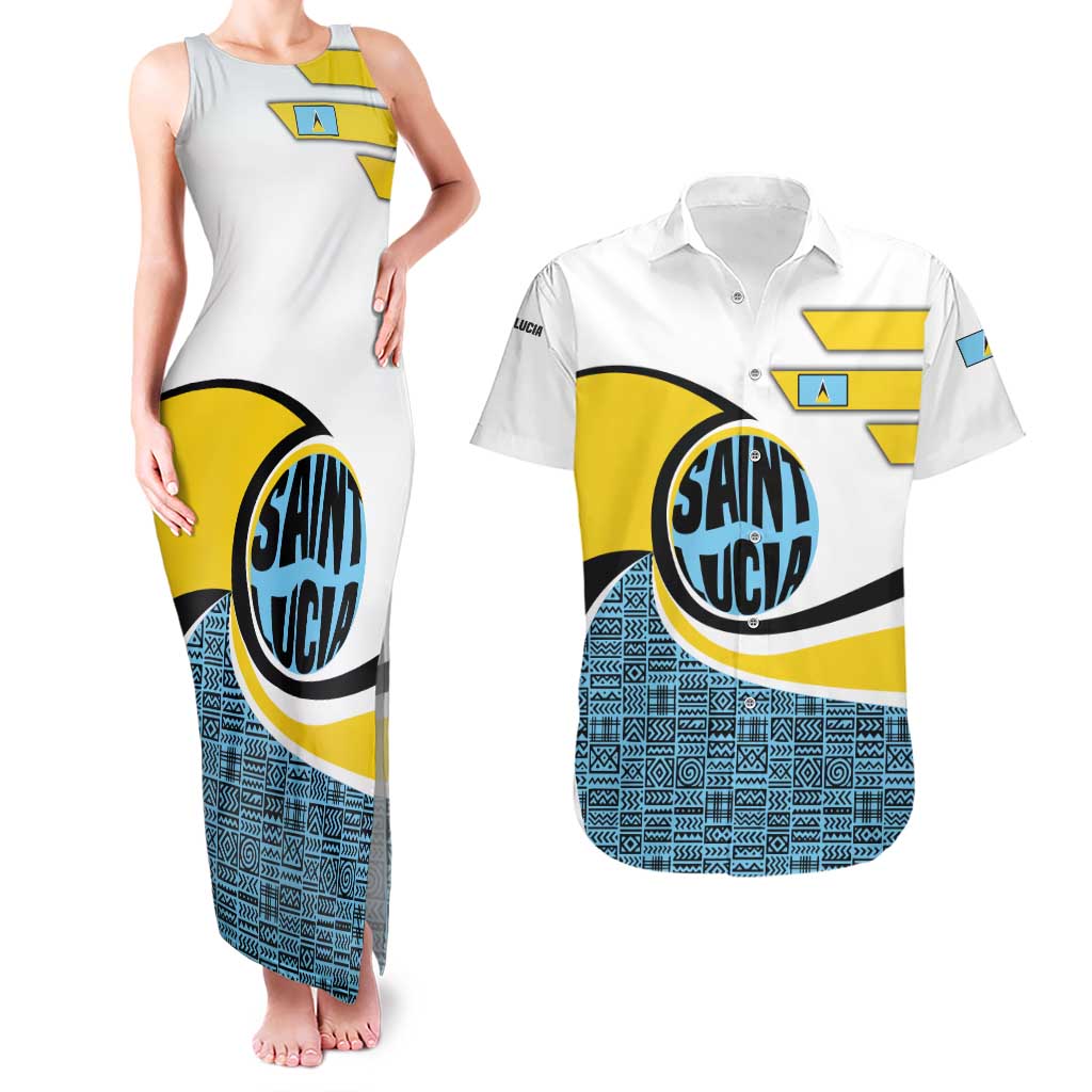 Saint Lucia Modern Tribal Crest Design Couples Matching Tank Maxi Dress and Hawaiian Shirt with Flag Colors and Bold Text Layout - Wonder Print Shop