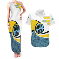 Saint Lucia Modern Tribal Crest Design Couples Matching Tank Maxi Dress and Hawaiian Shirt with Flag Colors and Bold Text Layout - Wonder Print Shop