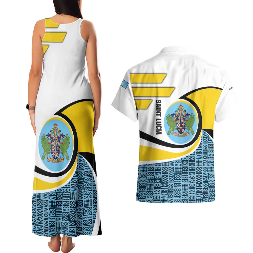 Saint Lucia Modern Tribal Crest Design Couples Matching Tank Maxi Dress and Hawaiian Shirt with Flag Colors and Bold Text Layout - Wonder Print Shop