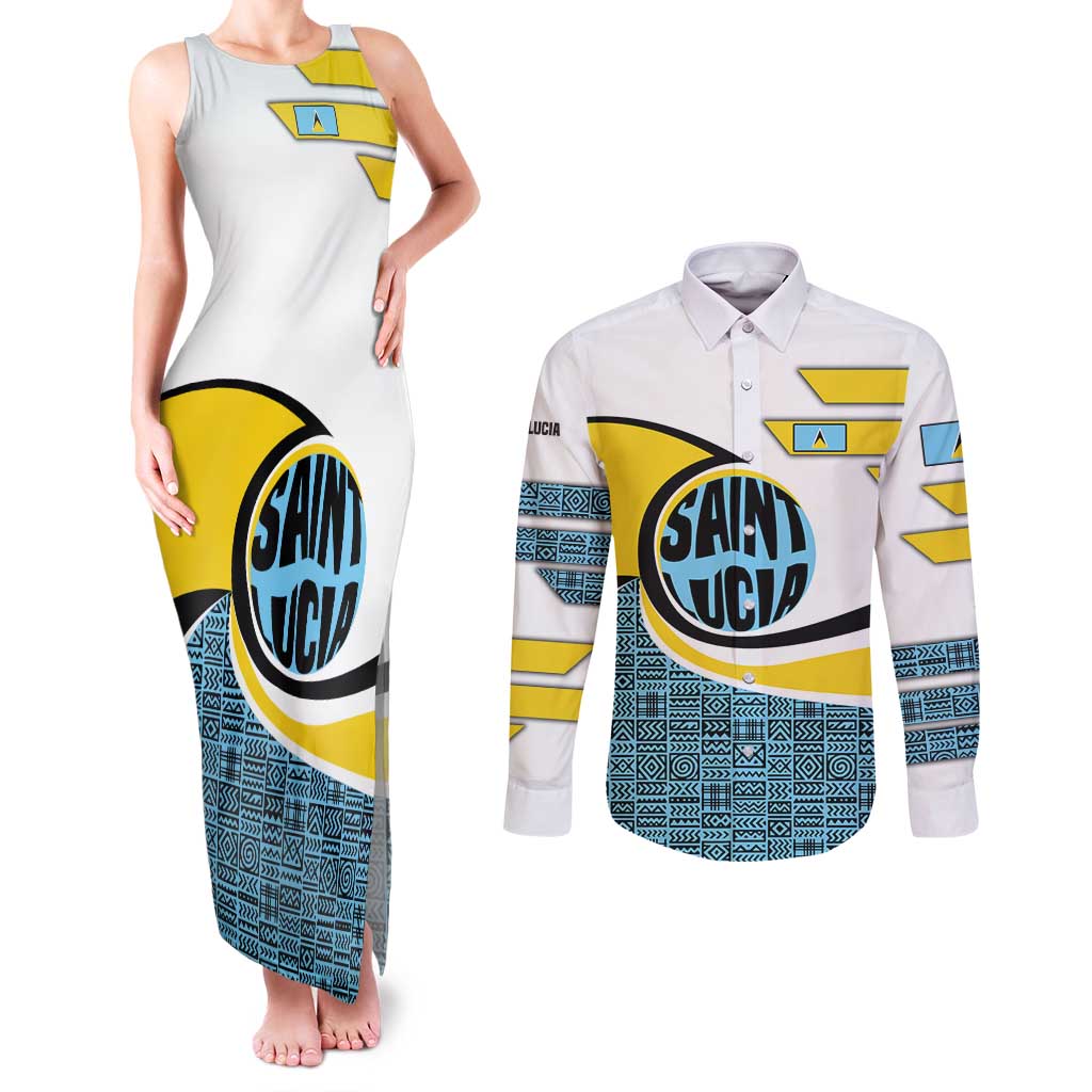 Saint Lucia Modern Tribal Crest Design Couples Matching Tank Maxi Dress and Long Sleeve Button Shirt with Flag Colors and Bold Text Layout - Wonder Print Shop