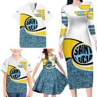 Saint Lucia Modern Tribal Crest Design Family Matching Long Sleeve Bodycon Dress and Hawaiian Shirt with Flag Colors and Bold Text Layout - Wonder Print Shop