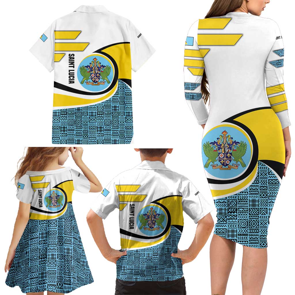 Saint Lucia Modern Tribal Crest Design Family Matching Long Sleeve Bodycon Dress and Hawaiian Shirt with Flag Colors and Bold Text Layout - Wonder Print Shop