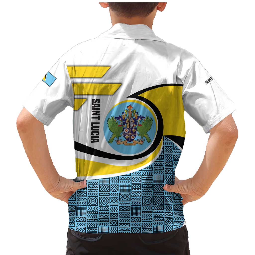 Saint Lucia Modern Tribal Crest Design Family Matching Mermaid Dress and Hawaiian Shirt with Flag Colors and Bold Text Layout - Wonder Print Shop