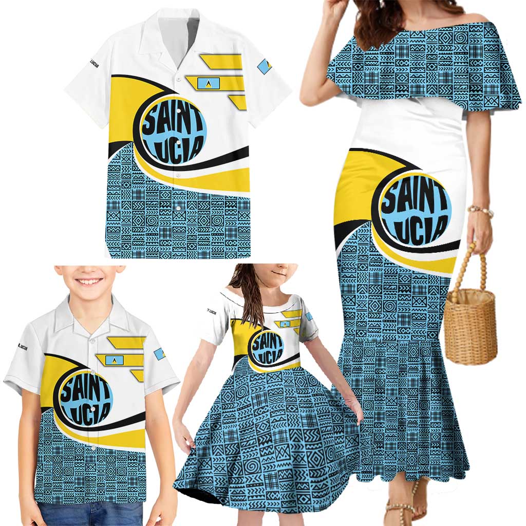Saint Lucia Modern Tribal Crest Design Family Matching Mermaid Dress and Hawaiian Shirt with Flag Colors and Bold Text Layout - Wonder Print Shop