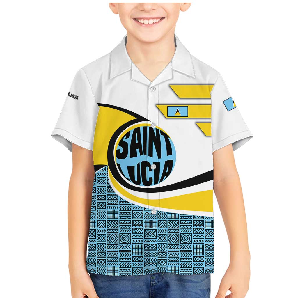 Saint Lucia Modern Tribal Crest Design Family Matching Mermaid Dress and Hawaiian Shirt with Flag Colors and Bold Text Layout - Wonder Print Shop