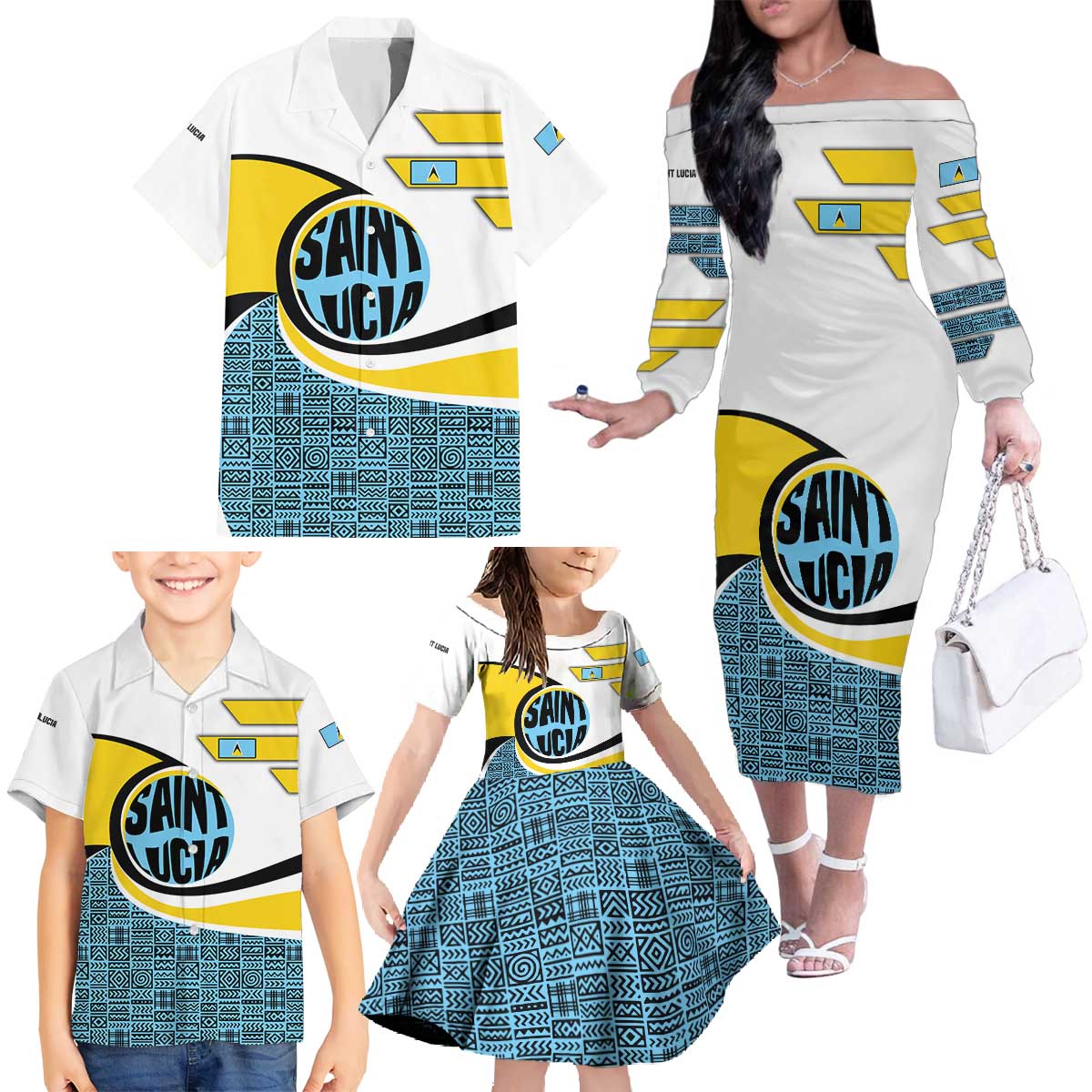 Saint Lucia Modern Tribal Crest Design Family Matching Off The Shoulder Long Sleeve Dress and Hawaiian Shirt with Flag Colors and Bold Text Layout - Wonder Print Shop