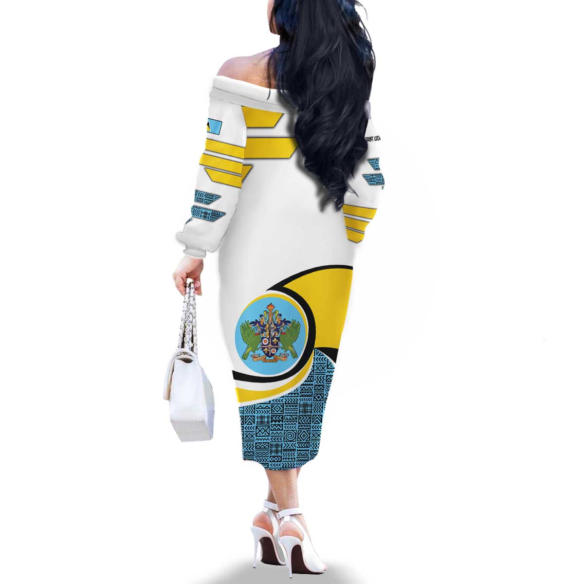 Saint Lucia Modern Tribal Crest Design Family Matching Off The Shoulder Long Sleeve Dress and Hawaiian Shirt with Flag Colors and Bold Text Layout - Wonder Print Shop