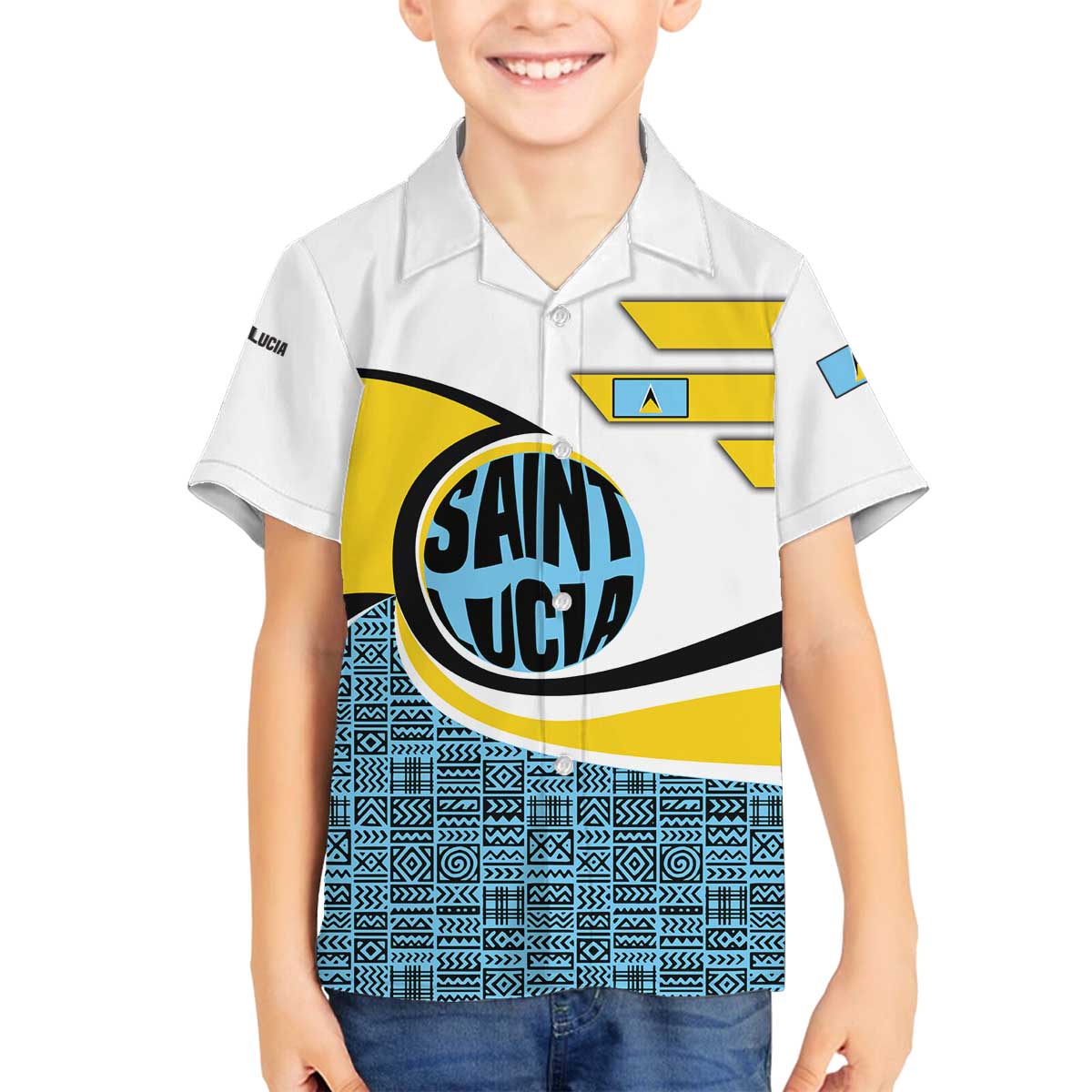 Saint Lucia Modern Tribal Crest Design Family Matching Off The Shoulder Long Sleeve Dress and Hawaiian Shirt with Flag Colors and Bold Text Layout - Wonder Print Shop