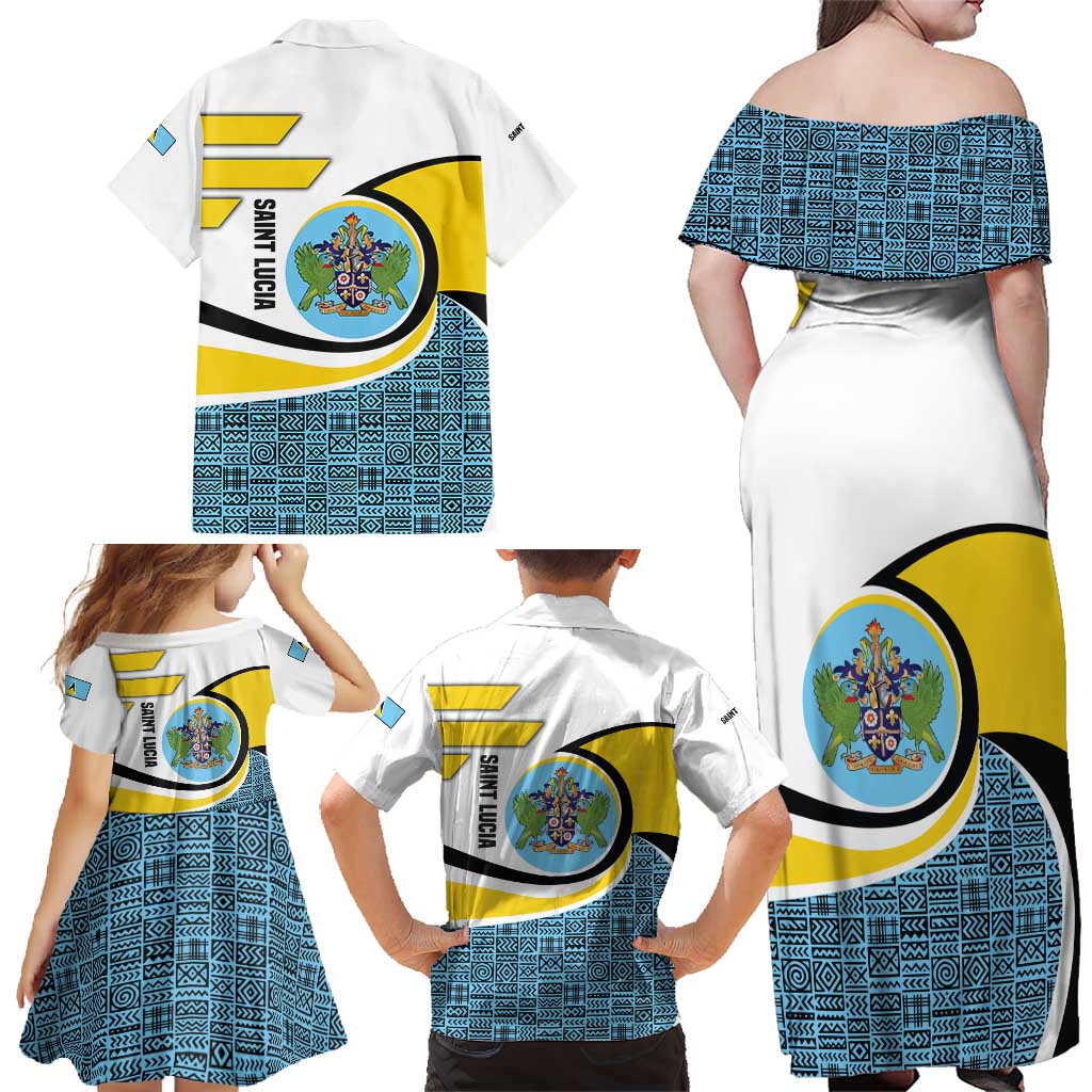 Saint Lucia Modern Tribal Crest Design Family Matching Off Shoulder Maxi Dress and Hawaiian Shirt with Flag Colors and Bold Text Layout - Wonder Print Shop